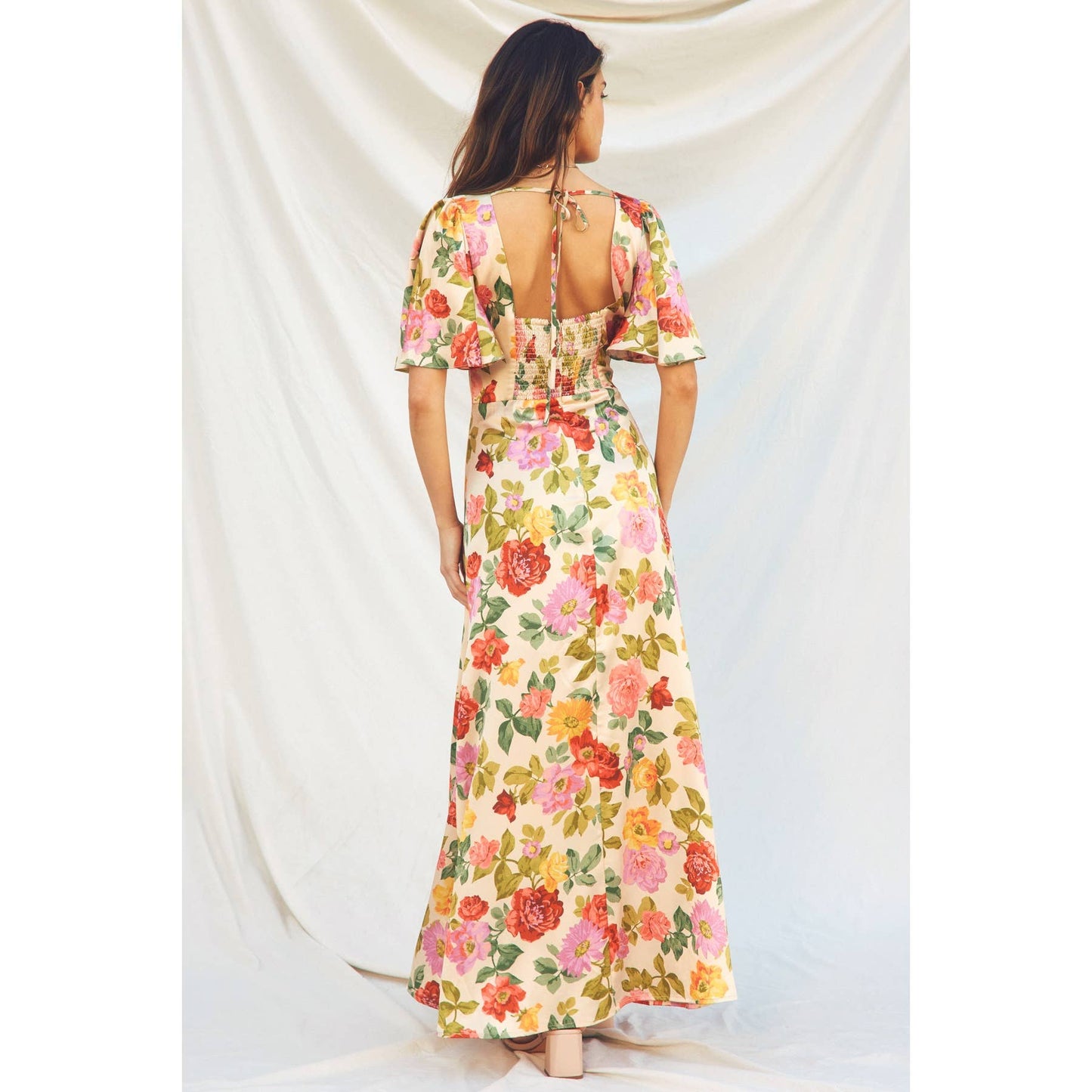 Floral Flutter Sleeve Plunging Maxi Dress