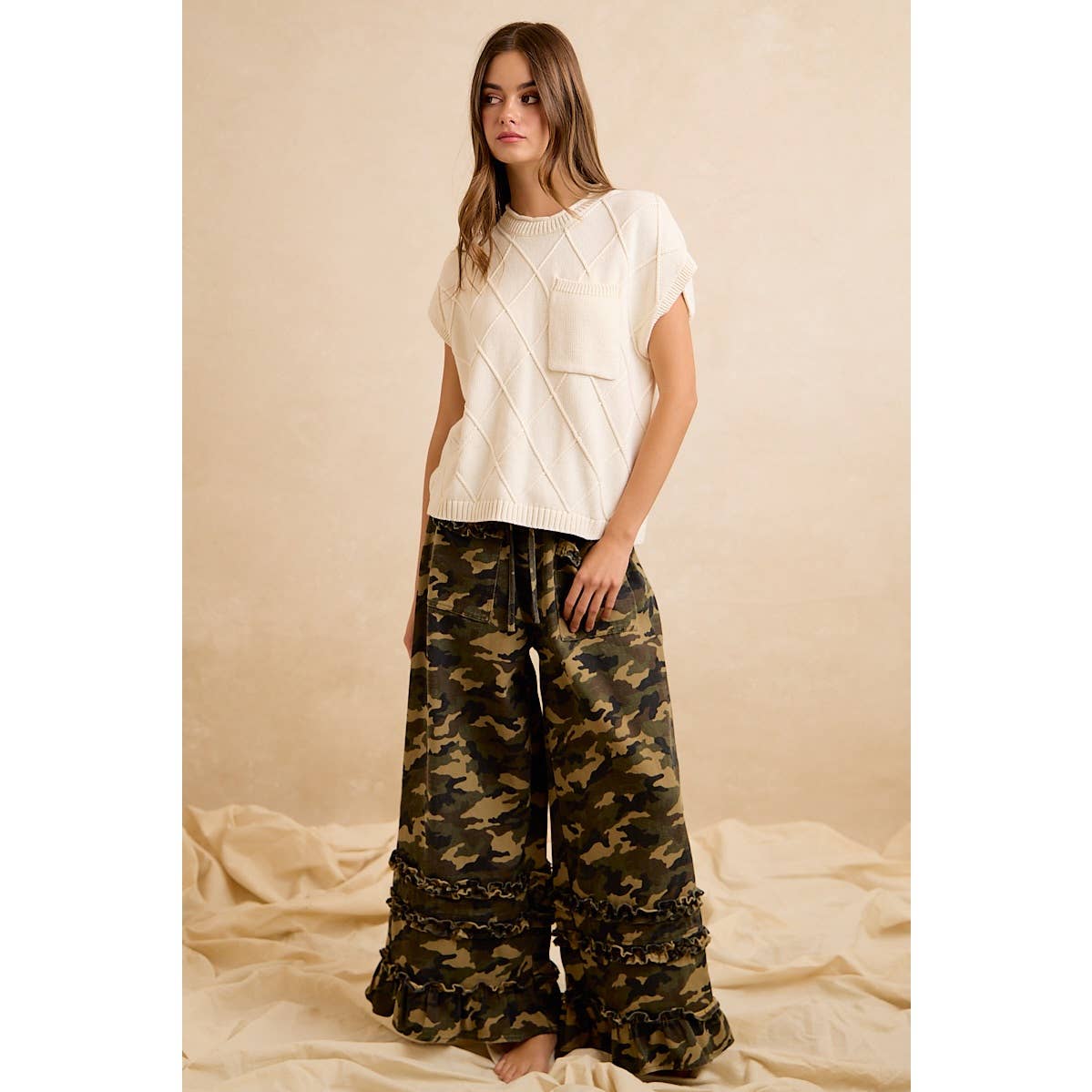CAMOUFLAGE PRINTED TWILL RUFFLED DETAIL WIDE PANTS