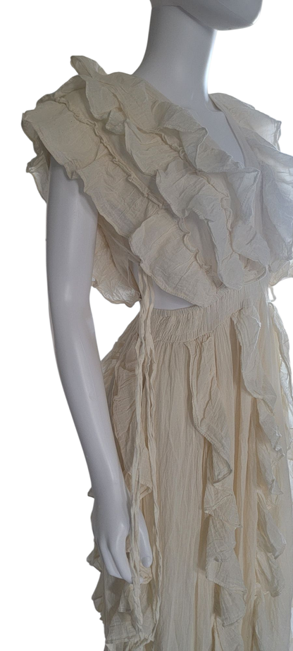 Cotton Long Ruffled Dress With Side Tie Strings Ivory