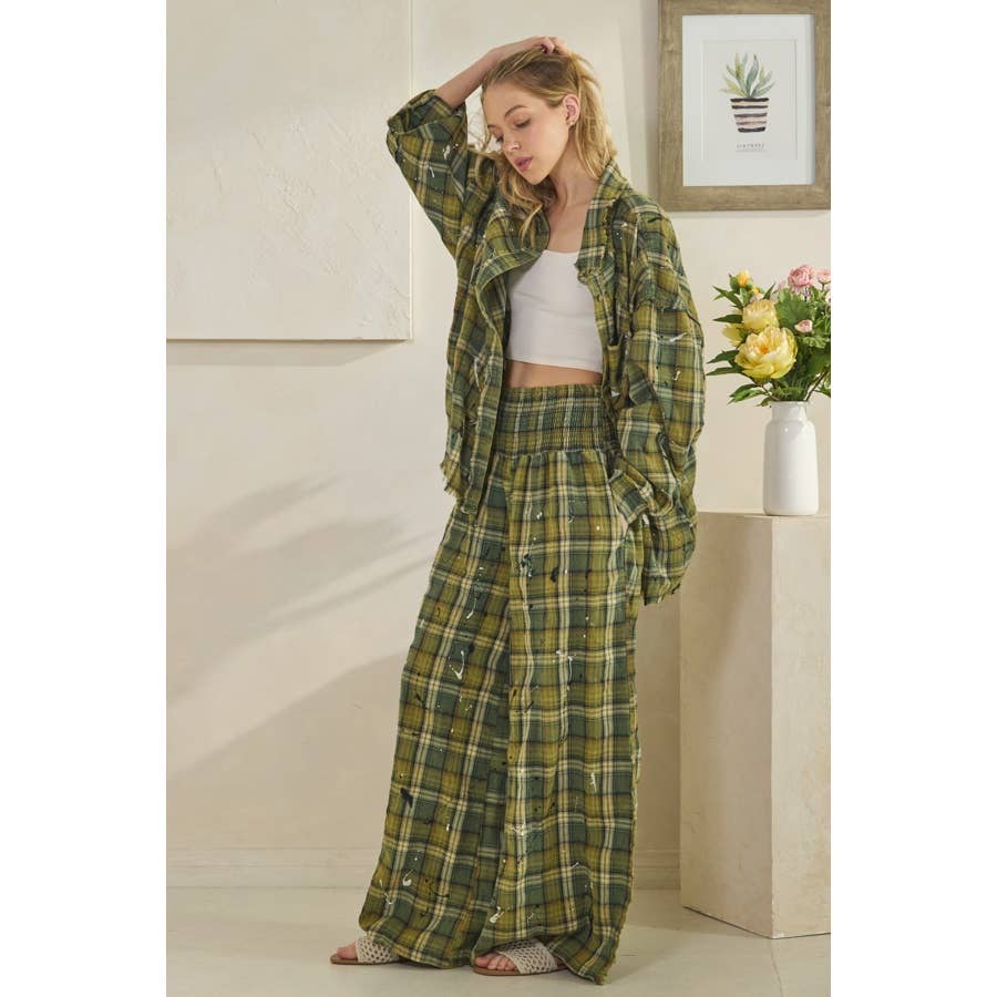 WASHED PLAID SMOCKED WAIST WIDE LEG PANTS