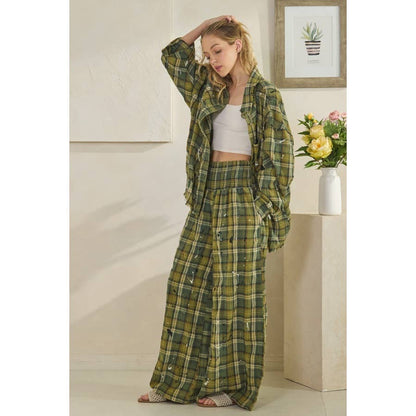 WASHED PLAID SMOCKED WAIST WIDE LEG PANTS