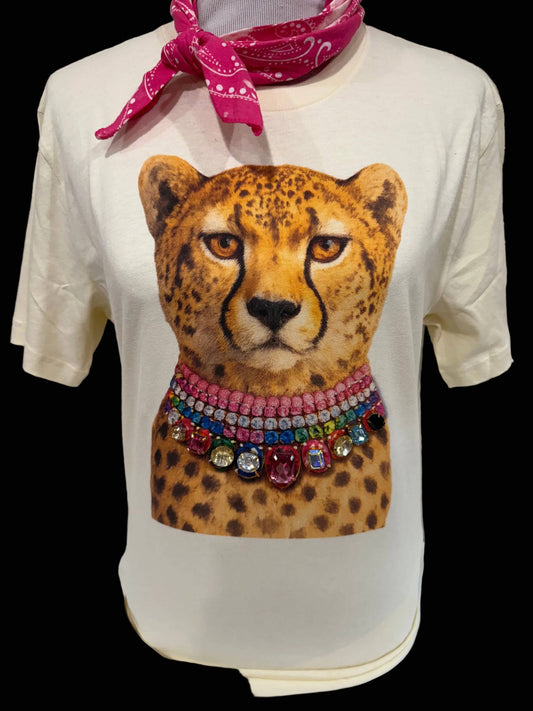 Jeweled Collar Leopard on White or Natural Crew