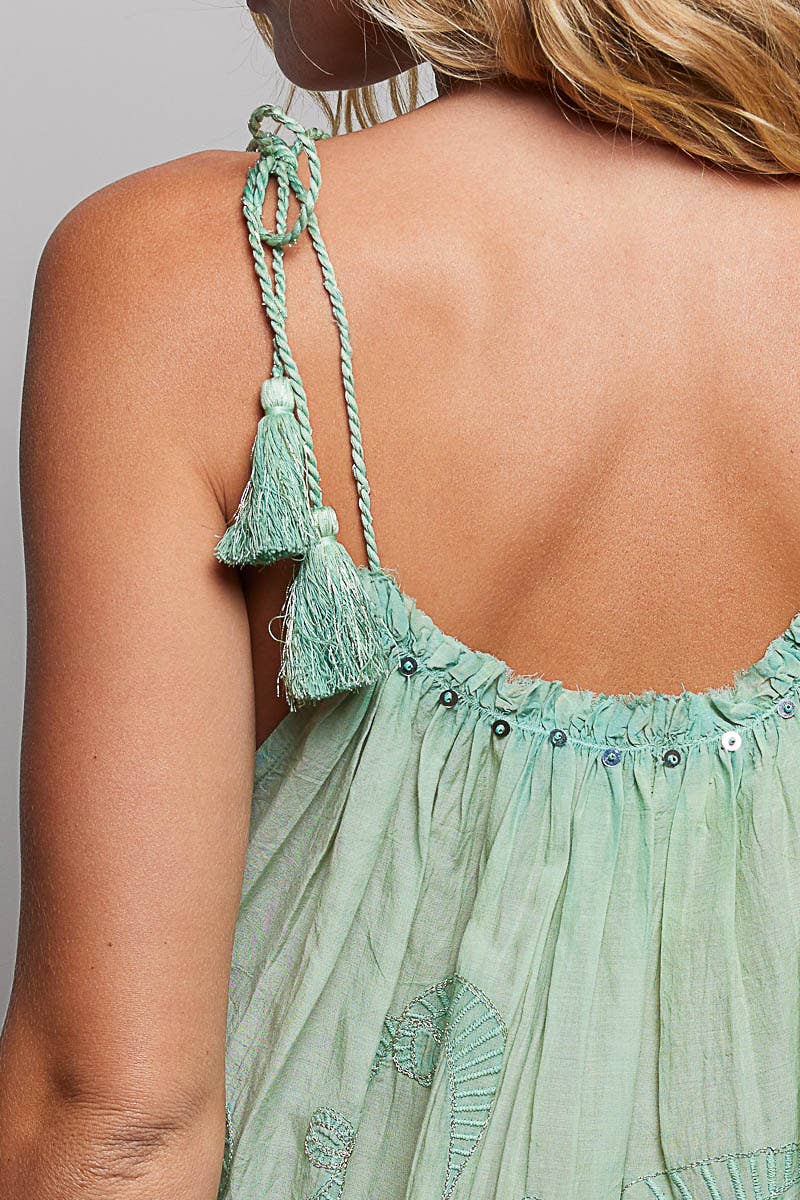Embroidered Shirred Spangle Tassel Tie Sleeveless Top