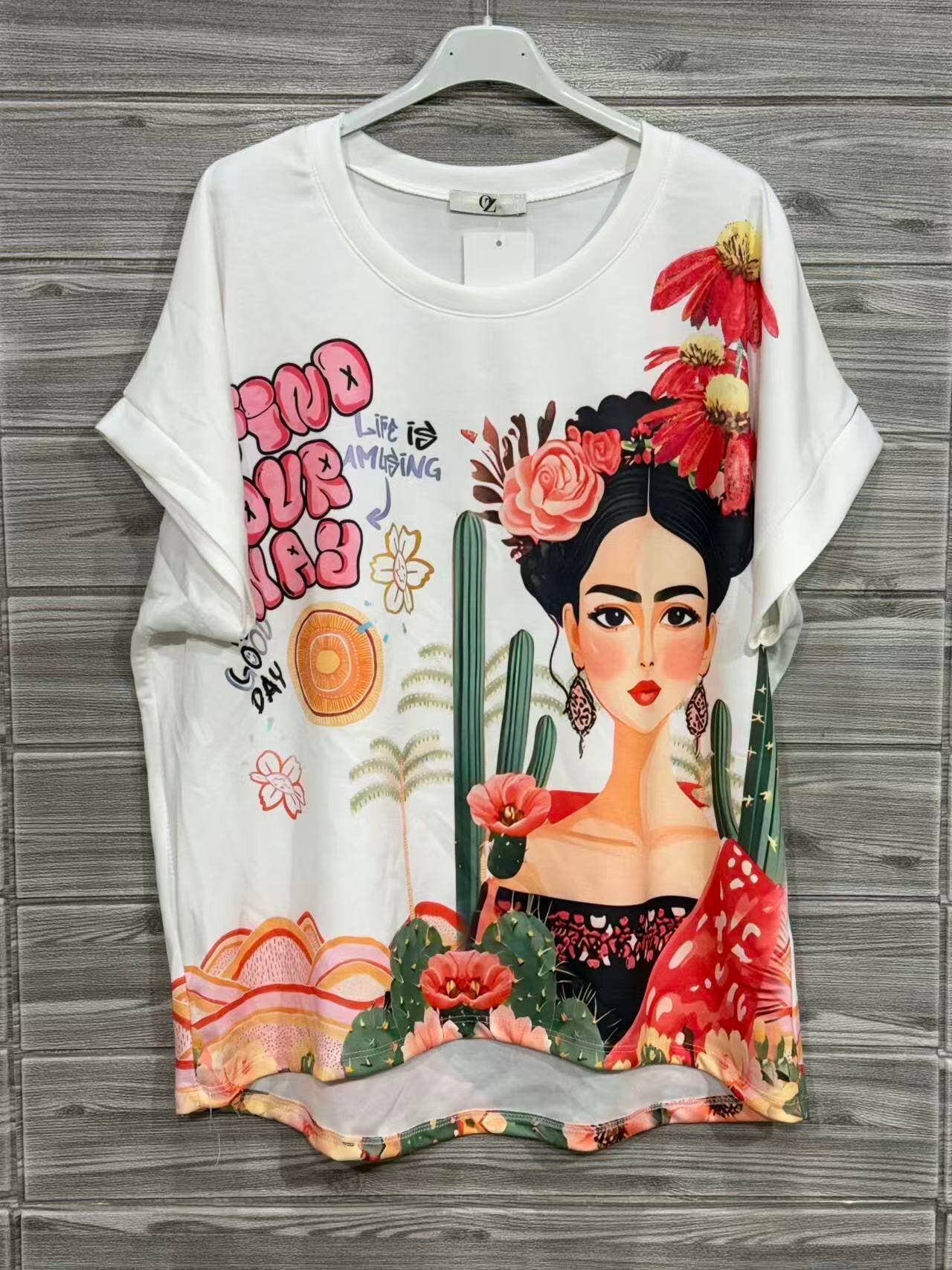 Frida Print Cotton T-Shirt Ecru