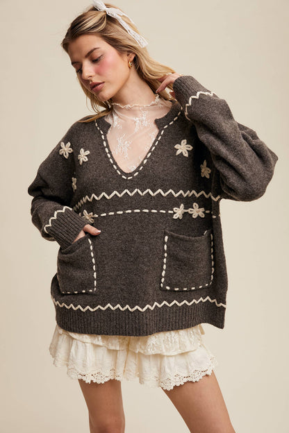 Floral Embroidered Knit Sweater