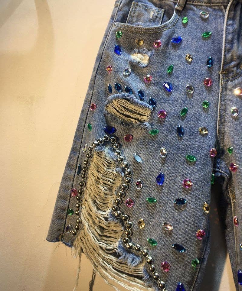 Beaded Rhinestone High Waist Distressed Denim Shorts