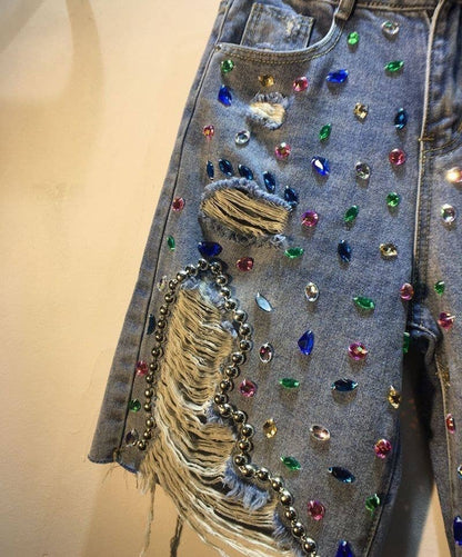 Beaded Rhinestone High Waist Distressed Denim Shorts