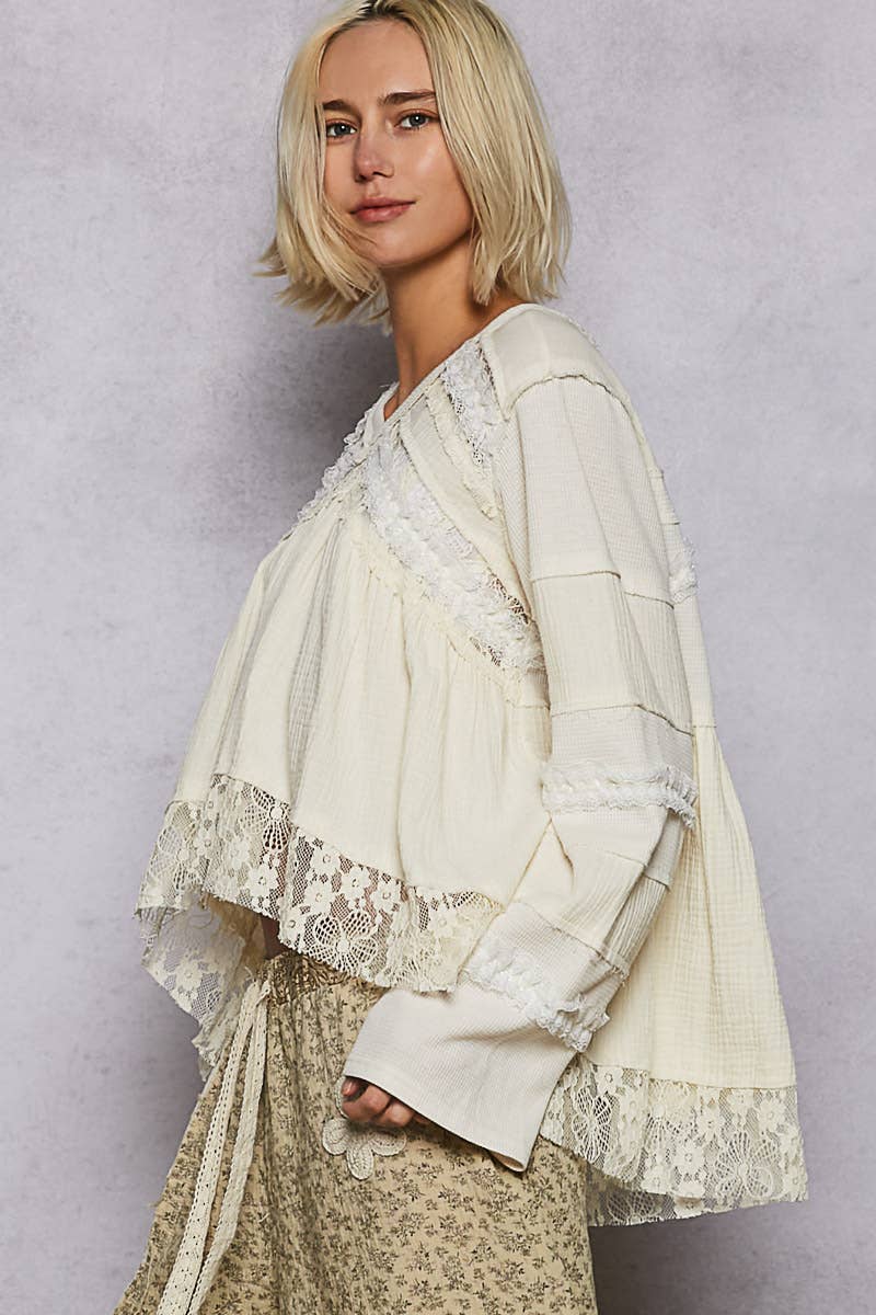 V-neck double gauze lace detail A-line woven top