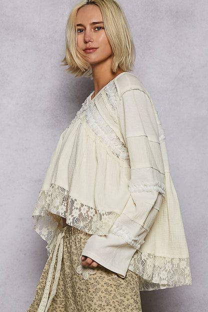 V-neck double gauze lace detail A-line woven top