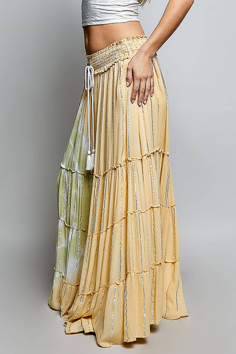 Smocked Waist Tassel Tie Tiered Maxi Skirt