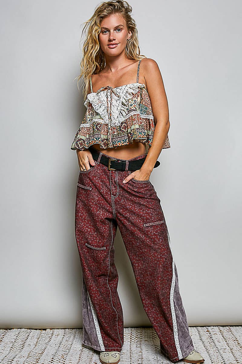 Lace Ruffles Ribbon Tie Cropped Floral Sleeveless Top