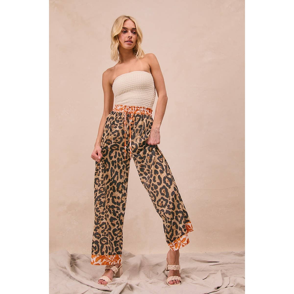 LEOPARD PRINT WITH CONTRAST BANDED WIDE PANTS
