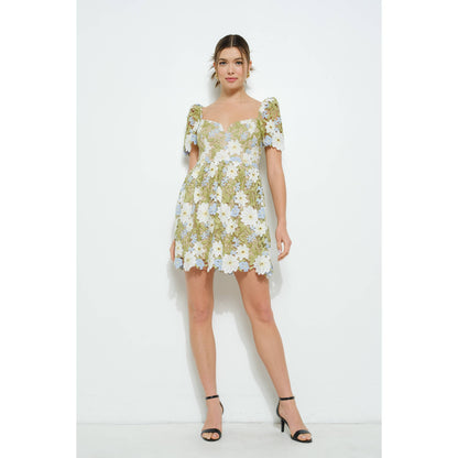 Floral Lace Puff Sleeve Embroidered Mini Dress