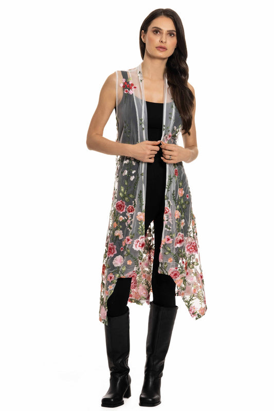 Floral Embroidered Sheer Vest