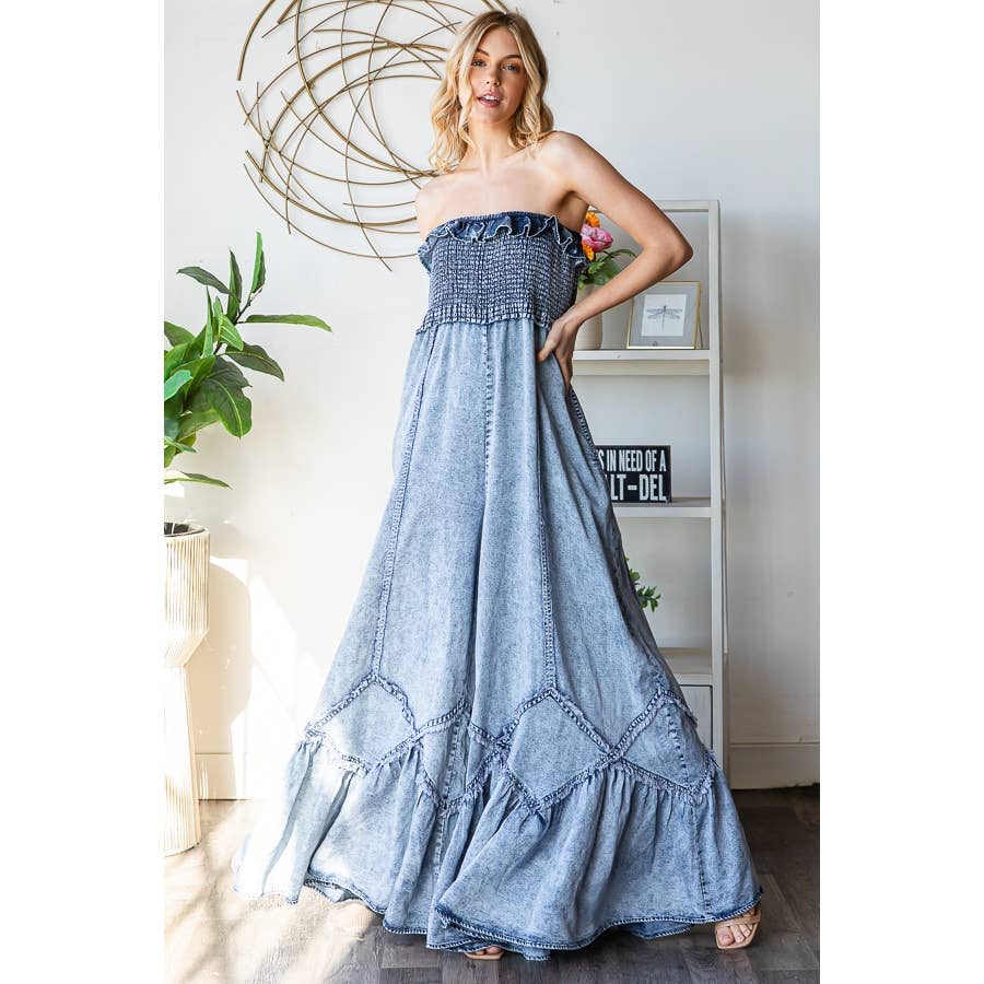 SMOCKED RUFFLE HEM WIDE LEG TENCEL JUMPSUIT