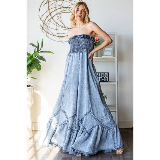 SMOCKED RUFFLE HEM WIDE LEG TENCEL JUMPSUIT