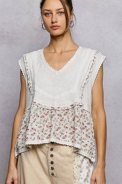 V-neck Floral Ruffle Sleeveless Top