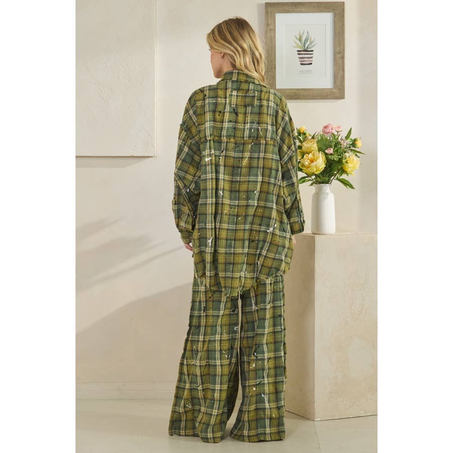 WASHED PLAID SMOCKED WAIST WIDE LEG PANTS