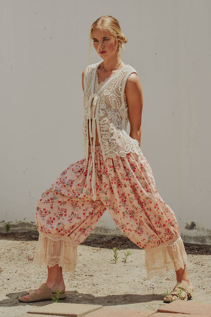 Floral Cotton Lace Hem Balloon Bloomer Pants