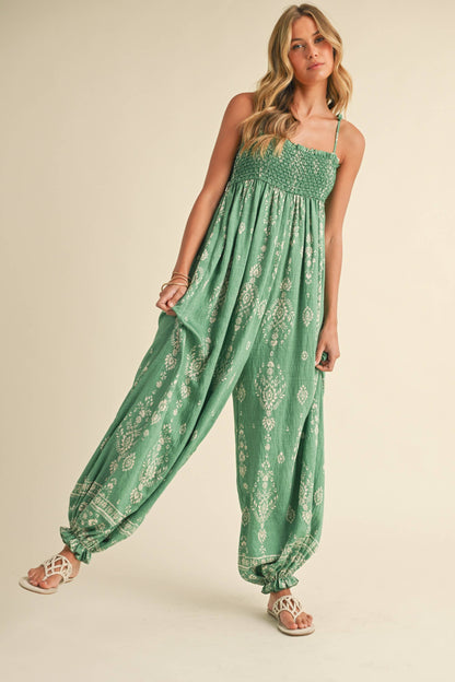 GREEN SMOCKED BALLOON JUMPSUIT