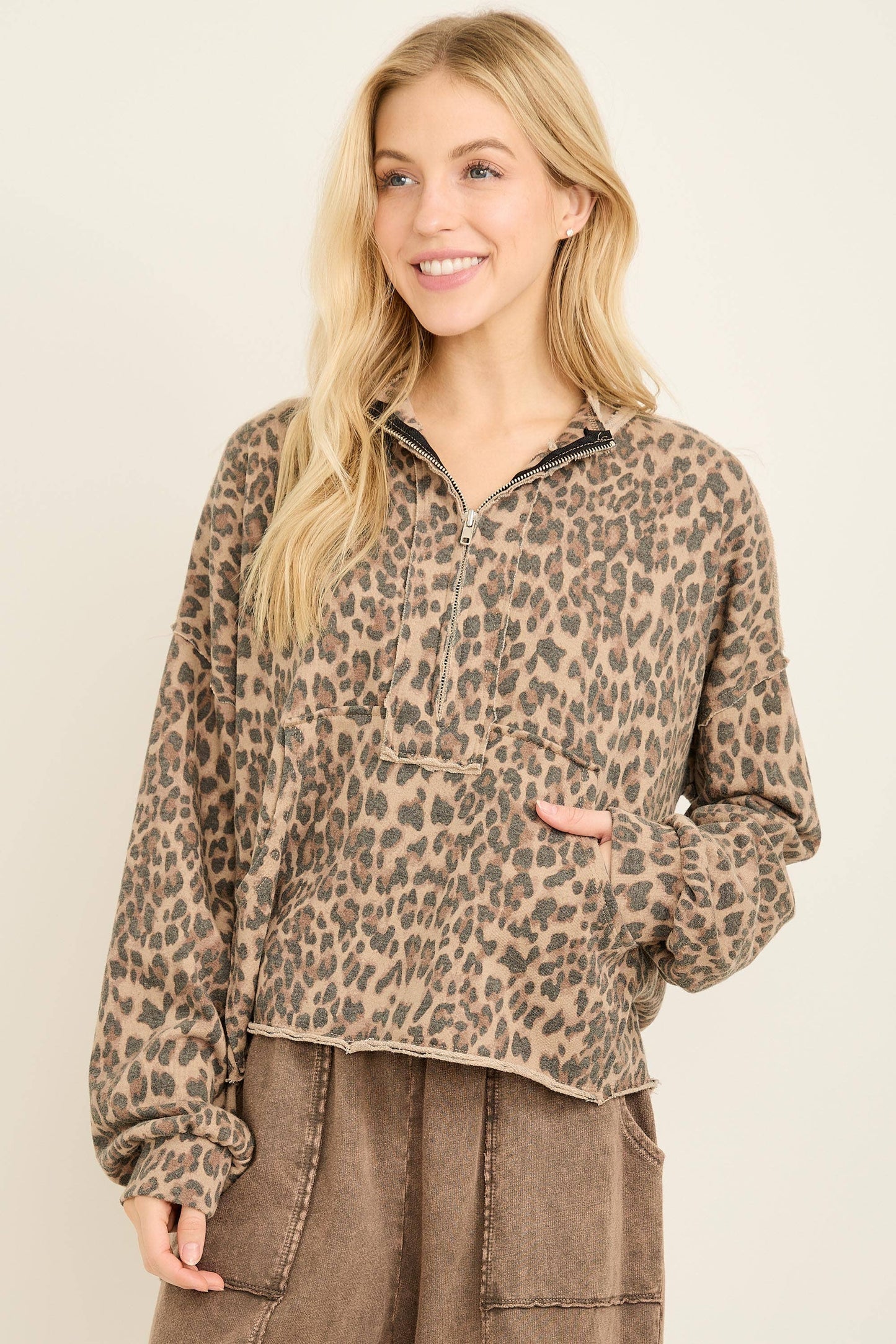 Washed Leopard Half zip Pocket Sweatshirt