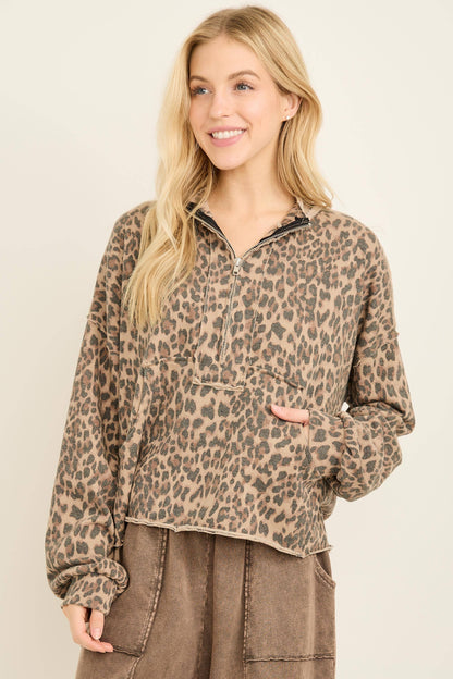 Washed Leopard Half zip Pocket Sweatshirt