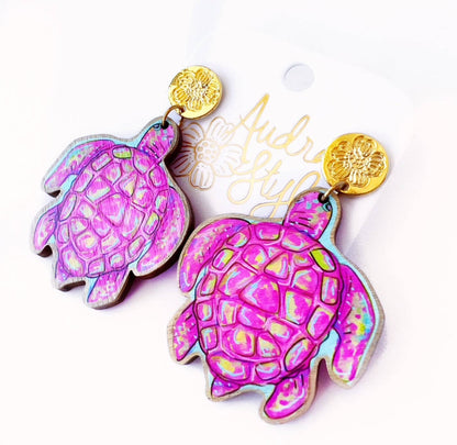 Pink Sea Turtle Dangle Earring Coastal Resort Nautical