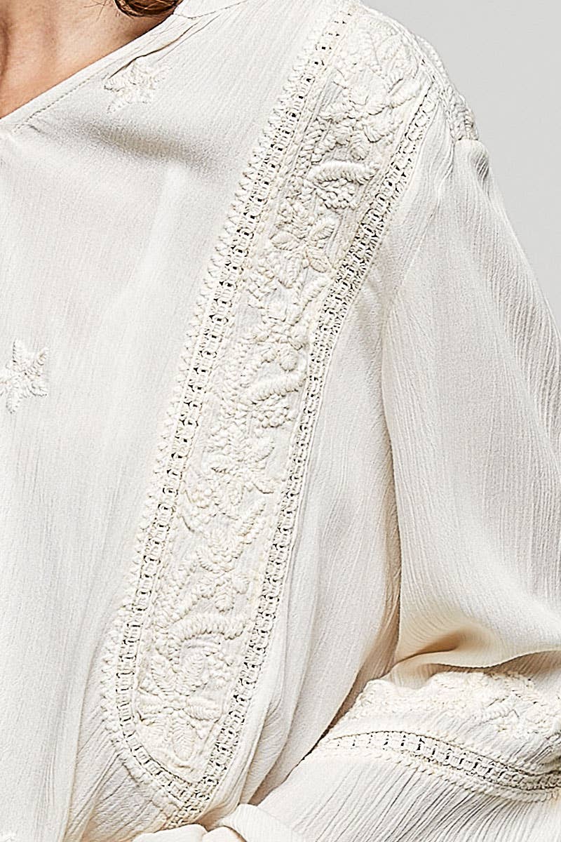 V-neck Long Sleeve Floral Embroidered Cotton Woven Top