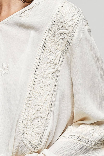V-neck Long Sleeve Floral Embroidered Cotton Woven Top