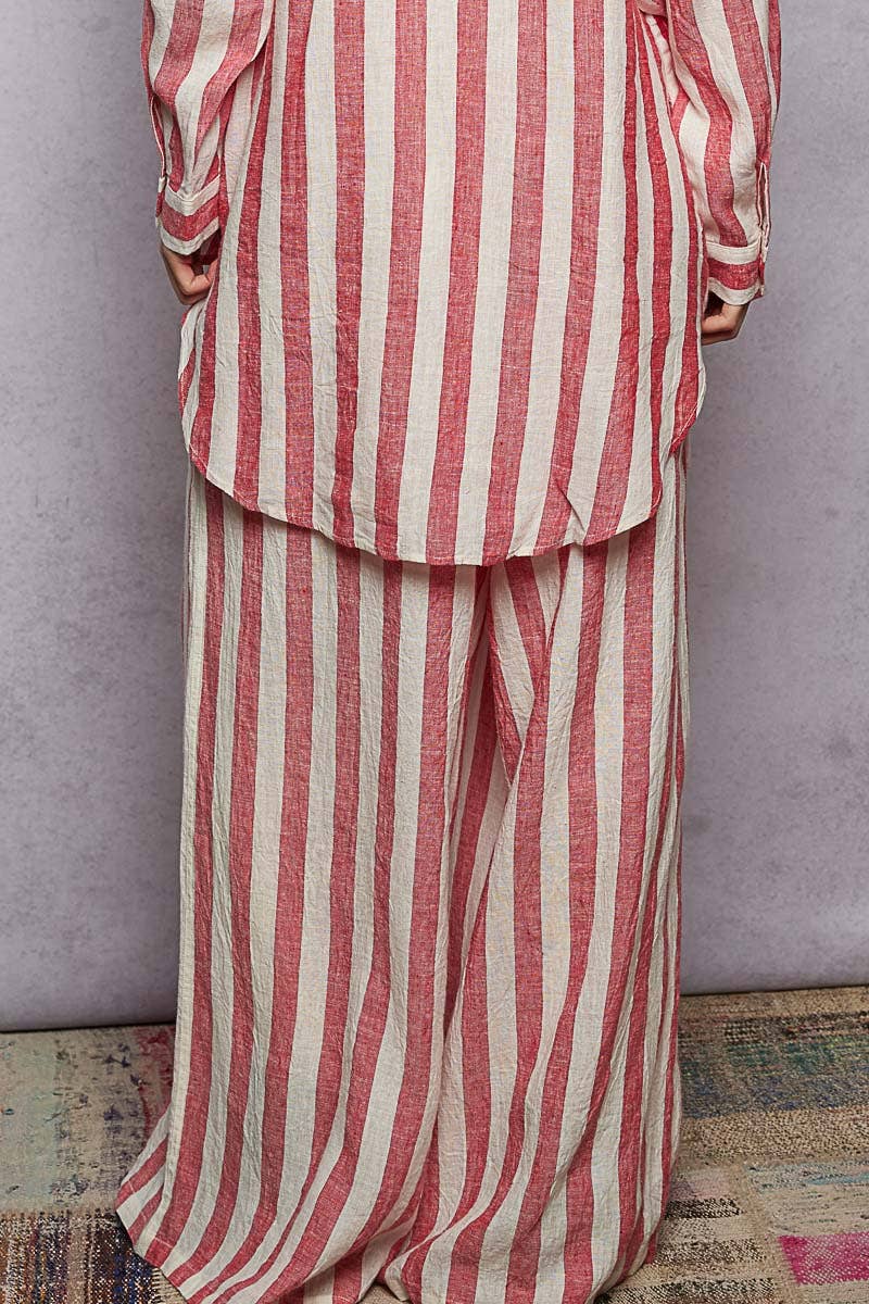 Stripe Elastic Waist Band Linen Wide Pants