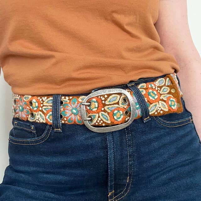 Ground Clover Floral Embroidered Wool Belt