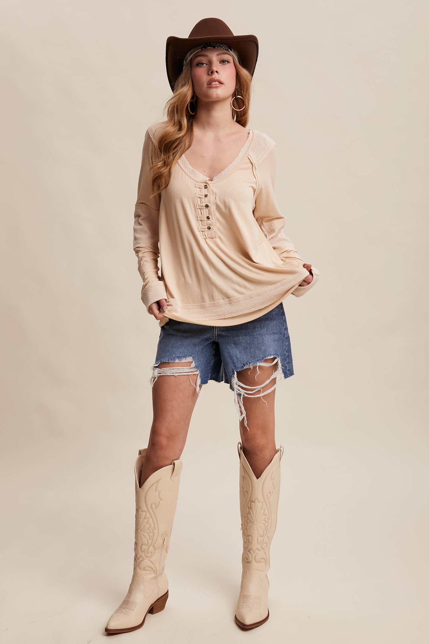 Textured Panel Button Henley Top