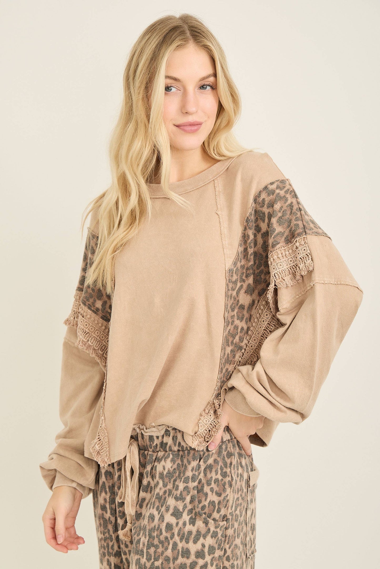 Mineral Washed  Leopard Fringe Terry Top