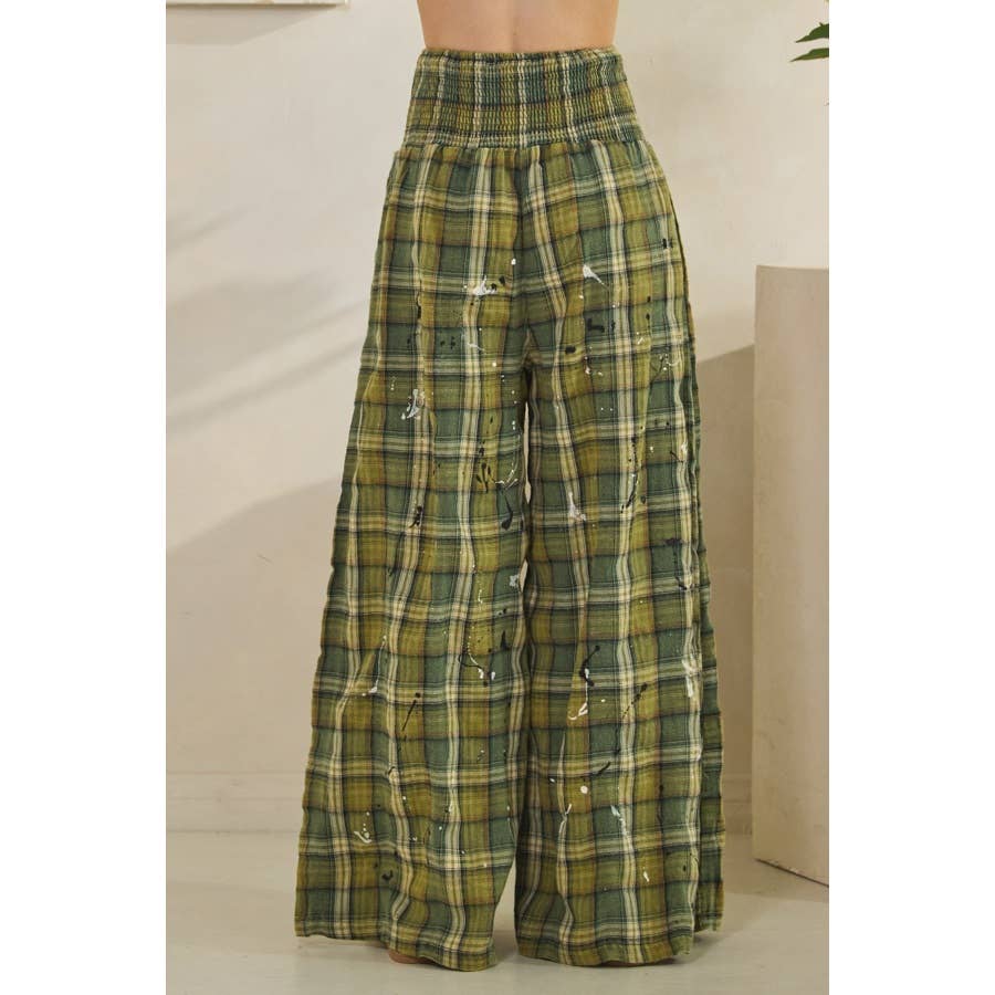 WASHED PLAID SMOCKED WAIST WIDE LEG PANTS