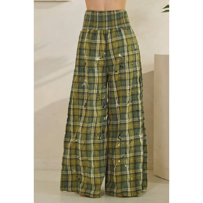 WASHED PLAID SMOCKED WAIST WIDE LEG PANTS