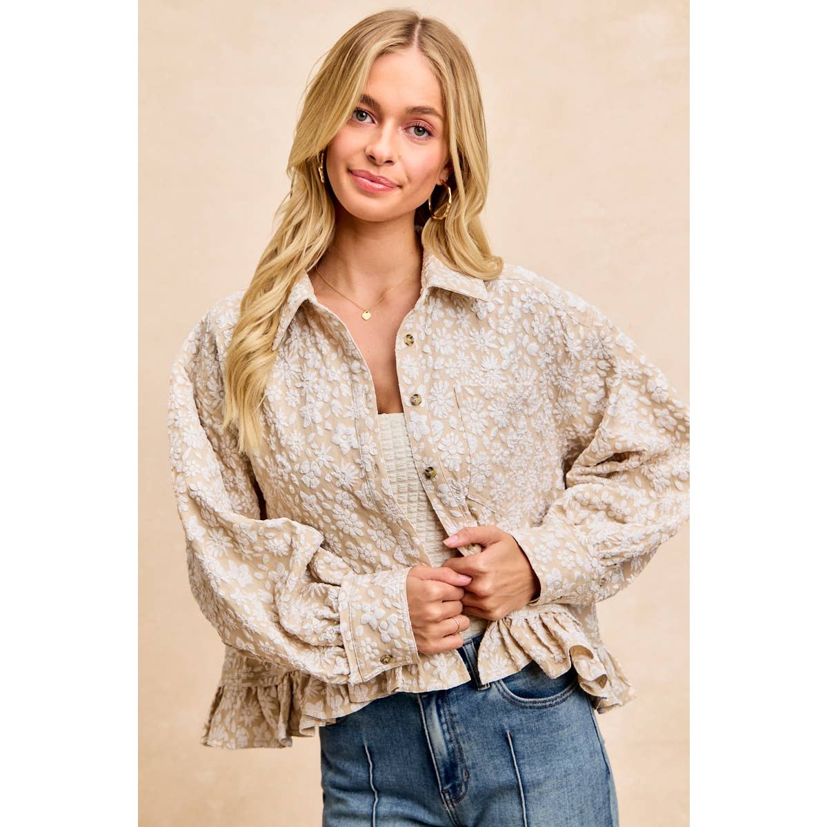 TEXTURED FLORAL PATTERN RUFFLED HEM SHIRT TOP