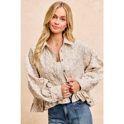 TEXTURED FLORAL PATTERN RUFFLED HEM SHIRT TOP