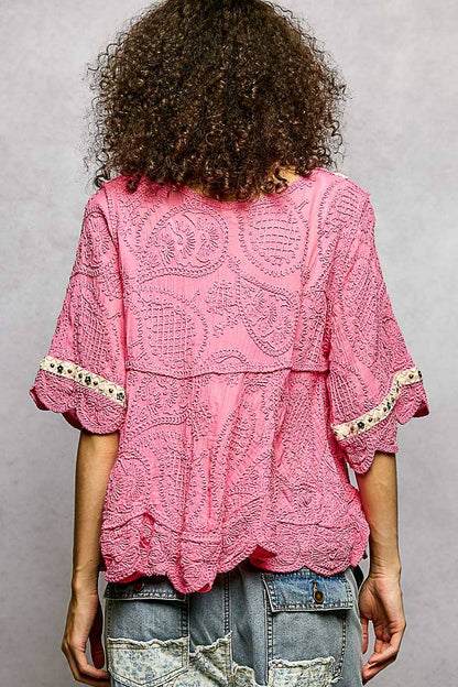 Short Sleeve Adjustable Drawstring Crochet V Neck Top