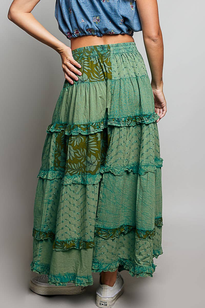 Boho Tie Waistband Patchwork Tiered Ruffle Maxi Skirt