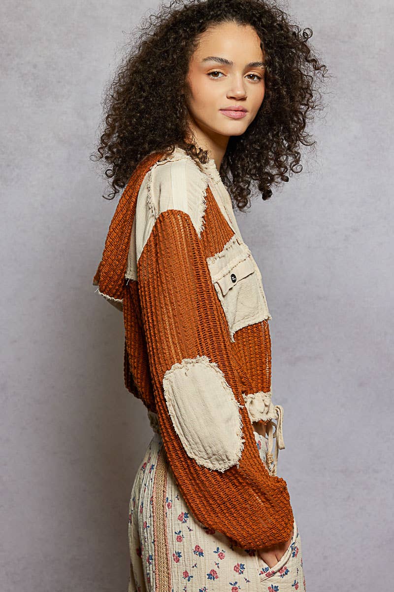 Open Knit Button Down Pocket Front Hooded Shirt Top
