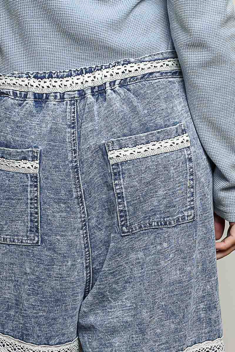 Vintage Washing Lace Ruffle Back Elastic Band Wide Pants