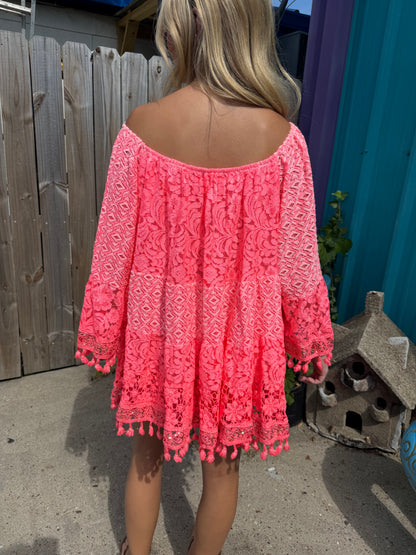 Boho Short Dress Lace Tassels — Pink
