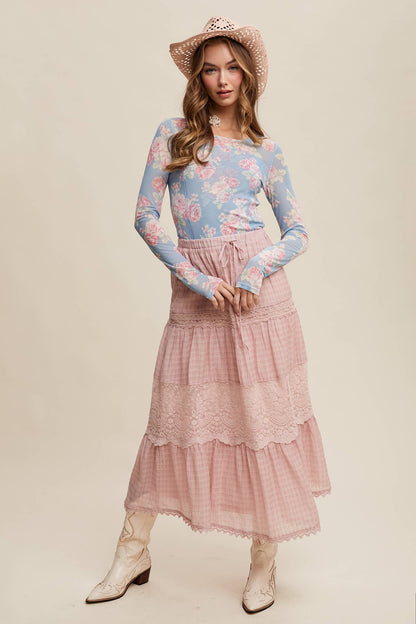 Floral Mesh Long Sleeve Layering Top
