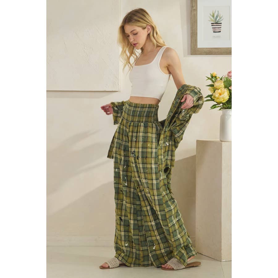 WASHED PLAID SMOCKED WAIST WIDE LEG PANTS