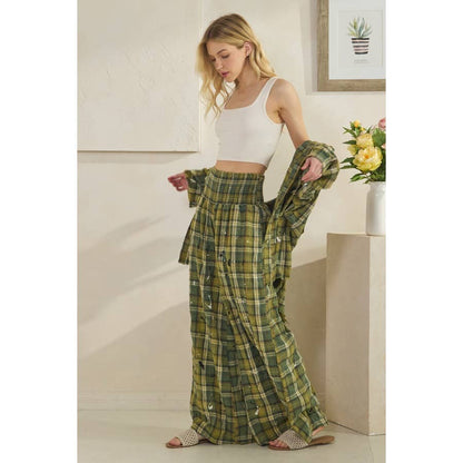 WASHED PLAID SMOCKED WAIST WIDE LEG PANTS