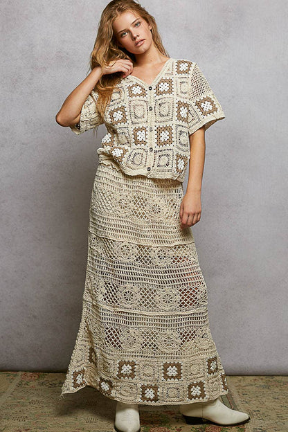 Granny Square Weave Ruffle Waistband Crochet Maxi Skirt