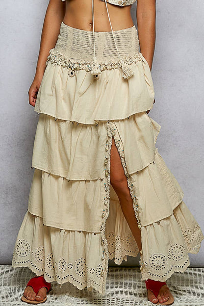 Smocked Waist and Side Slit Tiered Ruffle Maxi Skirt