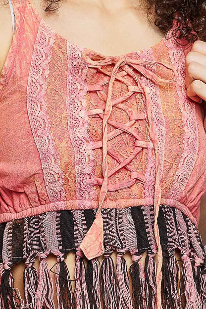 Round Neck Sleeveless Lace Fringe Tassel Textured Woven Top