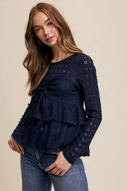 Stretch Lace Tiered Blouse with Drawstring Detail