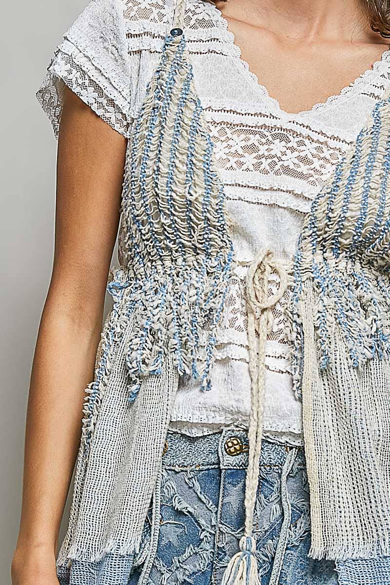 Stripe Loop Point Ruffle V-Neck Crochet Bra Top Sleeveless